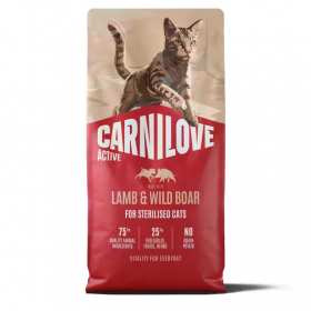 Супер премиум суха храна за кастрирани котки Carnilove ACTIVE Lamb & Wild Boar for Sterilised Cats с 26 % прясно агнешко и месо от глиган 400гр